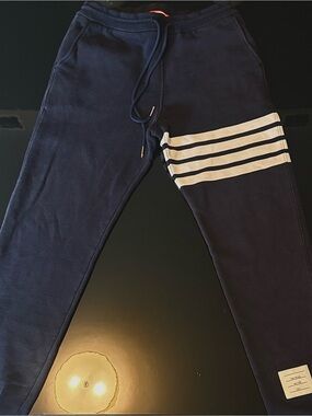Thom Browne Navy Sweatpants with White Four-Bar Stripes
